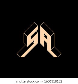 SA - monogram or logotype. Isometric 3d font for design. Volume alphabet. Outline fonts. Three-dimension letters. S and A.