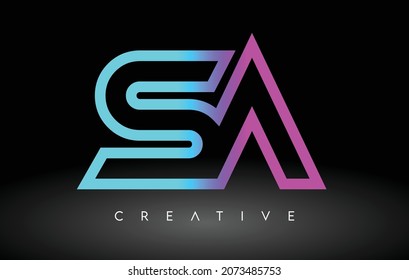 SA Neon Purple Blue Letters Logo Design. SA-Rahmenbrief-Vektorgrafik auf schwarzem Hintergrund - Illustration