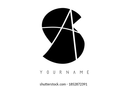 SA es una letra negra y plateada. Un logotipo con un diseño geométrico. Icono con dos tipos de letra diferentes. Las iniciales de los alfabetos y las letras abstractas superpuestas S y A. 