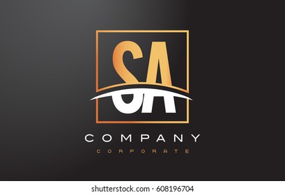 SA S A Golden Letter Logo Design with Swoosh and Rectangle Square Box Vector Design.