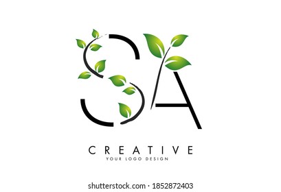 SA S A Logo Letters.  Design with Green Leaves on a Branch. Letters SA S A with nature concept. Eco and Organic Letter Vector Illustration. 