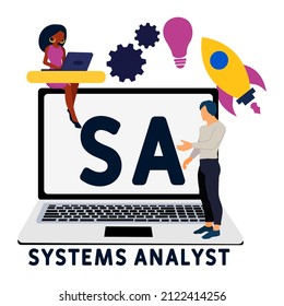 SA - System Analyst Akronym. Hintergrund des Unternehmenskonzepts. Vektorgrafik-Konzept mit Schlagwörtern und Symbolen. Buchstabengrafik mit Symbolen für Web-Banner, Flyer, Landing-Page