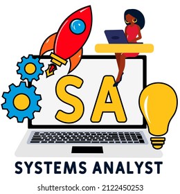 SA - System Analyst Akronym. Hintergrund des Unternehmenskonzepts. Vektorgrafik-Konzept mit Schlagwörtern und Symbolen. Buchstabengrafik mit Symbolen für Web-Banner, Flyer, Landing-Page