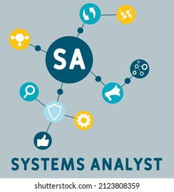 SA - System Analyst Akronym. Hintergrund des Unternehmenskonzepts. Vektorgrafik-Konzept mit Schlagwörtern und Symbolen. Buchstabengrafik mit Symbolen für Web-Banner, Flyer, Landing-Page