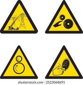 SA005,SA006,SA007,SA008,perigo de alta tensão, risco de aprisionamento, risco de corte, ilustração, cuidado, vetor, triângulo, amarelo, ícone, fundo, perigo, sinal, símbolo, preto, aviso, risco, atenção, 