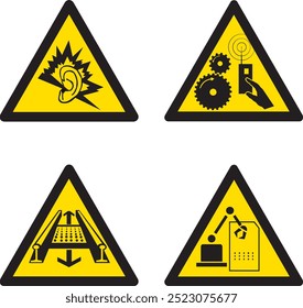 SA021,SA022,SA023,SA024, Gefahr von intensivem Lärm, Gefahr von Fernstart, Gefahr von rotierenden Schiene, Gefahr der Maschine im Betrieb, Warnung, Grafik, Logo, Konzept, Schnitt, ISO-Dreieck, Presse, Verletzung, zo