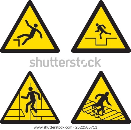 SA033,SA034,SA035,SA036,risk of falling, falling at different levels,warning, industry, industrial, high, design, risk, caution, alert, security, icon, hazard, symbol, illustration, attention, vector