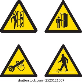 SA041,SA042,SA043,SA044,passagem de perigo de pessoas, área de passagem de perigo, manutenção em andamento, perigo objetos cortantes, triângulo, indústria, amarelo, sinal, ícone, aviso, segurança, maquinário, etiqueta, equipamento