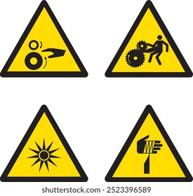 SA090, SA091, SA092, SA093, peligro de radiación óptica, elemento puntiagudo de peligro, máquinas en movimiento, riesgo de atrapamiento, radioactivo, radiación láser, icono de seguridad, triangular, advertencia, láser, radiación, óptica