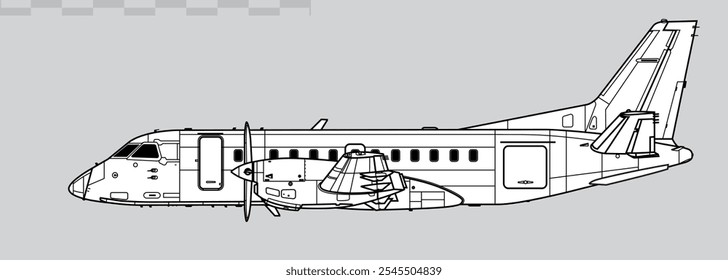 Saab 340B. Vector drawing of turboprop regional airliner. Side view. Image for illustration and infographics.