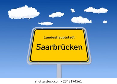 Saarbrucken city sign in Germany. City limit welcome road sign. Landeshauptstadt means State Capital in German language.