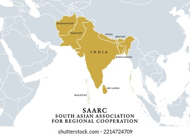 SAARC, estados miembros, mapa político. Asociación del Asia Meridional para la Cooperación Regional, organización intergubernamental regional y unión geopolítica de ocho estados del Asia meridional. Ilustración.