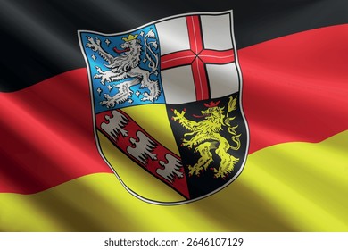 Saarland flag waving in the wind, realistic detailed silk texture. State of Germany
