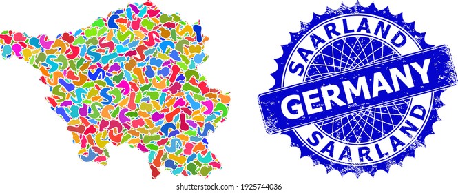 Saarland Land map abstraction. Splash collage map and distressed badge for Saarland Land. Sharp rosette blue badge with text for Saarland Land map.