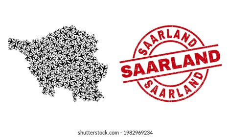 Saarland scratched seal, and Saarland Land map collage of airplane items. Collage Saarland Land map designed with air planes. Red imprint with Saarland tag, and scratched rubber texture.