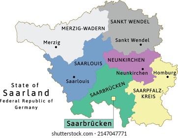 Mapa del estado de Sarre con capitales. República Federal de Alemania. Vectado. Colores roca de champú, hormigón, azul polo, arroyo, orquídea, plata, caramelo