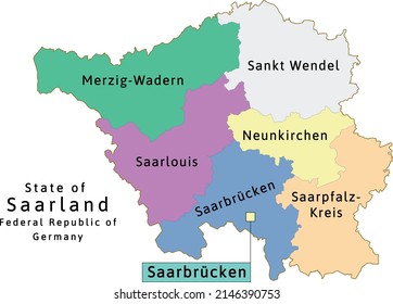 Mapa del estado de Sarre. República Federal de Alemania. Vectado. Colores roca de champú, hormigón, azul polo, arroyo, orquídea, plata, caramelo