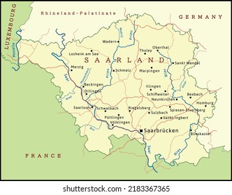 Mapa del estado de Sarre con capas. República Federal de los Estados. Vectado. De color. Capas: Líneas generales, nombres de regiones, rutas, ríos, nombres de ríos, puntos de localidades, nombres de localidades