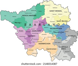 Mapa del estado de Sarre con ciudades y municipios. República Federal de Alemania. Vectado. Colores roca de champú, hormigón, azul polo, arroyo, orquídea, plata, caramelo