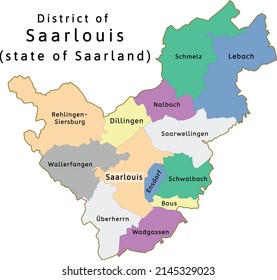 Saarlouis district map of Saarland state in Germany. Vectored. Colors shamrock, concrete, polo blue, drover, orchid, silver, caramel