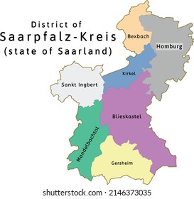 Mapa del distrito Saarpfalz-Kreis del estado de Sarre en Alemania. Vectado. Colores roca de champú, hormigón, azul polo, arroyo, orquídea, plata, caramelo