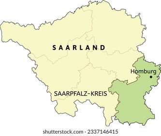 Ubicación del distrito de Saarpfalz-Kreis y de la ciudad de Homburg en el mapa del estado de Sarre