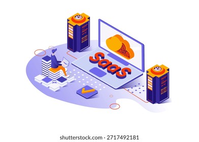 Conceito isométrico SaaS 3d com design de pessoas isométricas para web. Os usuários assinam o software como um serviço, usando computação em nuvem e serviço de armazenamento, comprando licenças digitais. Ilustração vetorial.