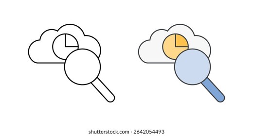 SaaS analytics report icon with a pie chart, cloud, and magnifying glass, in outline and color styles, ideal for visualizing cloud-based performance and user data insights.