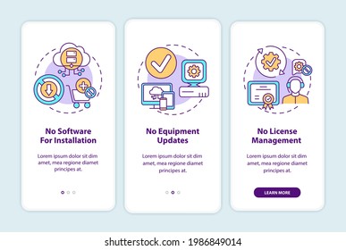 SaaS benefits onboarding mobile app page screen with concepts. No software for installation, updates walkthrough 3 steps graphic instructions. UI vector template with RGB color illustrations