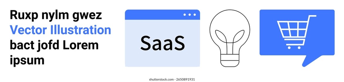 SaaS browser window, light bulb, shopping cart in speech bubble, and placeholder text. Ideal for presenting SaaS ideas, innovation, eCommerce, tech growth, business strategy, marketing, landing page