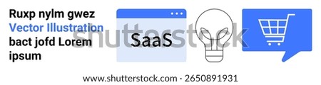 SaaS browser window, light bulb, shopping cart in speech bubble, and placeholder text. Ideal for presenting SaaS ideas, innovation, eCommerce, tech growth, business strategy, marketing, landing page