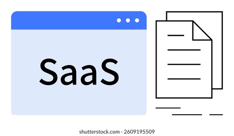 SaaS browser window next to documents symbolizing digital paperwork. Ideal for technology, cloud services, online applications, information management, software development, digital transformation