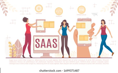 Saas Business Platform for Different Digital Device. Computer, Tablet, Smartphone. Hand with Phone. Interface for Management, Startup Development. Woman Present Software Service. Vector Illustration