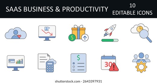SaaS Business and Productivity Icons including billing dashboard, subscription plan, churn tracker, trial alert, user seat management, CRM, onboarding, analytics, invoice generator, and freemium model