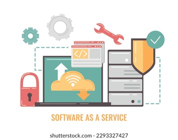 SAAS cartoon concept with software as a service symbols vector illustration