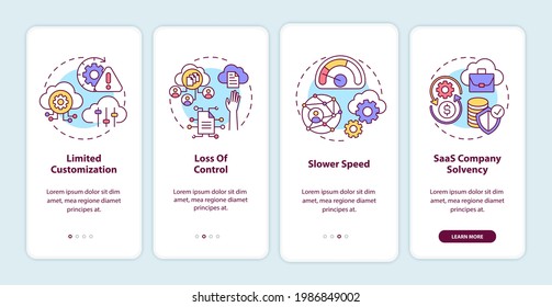 SaaS challenges onboarding mobile app page screen with concepts. Limited customization, slower speed walkthrough 4 steps graphic instructions. UI vector template with RGB color illustrations