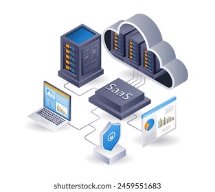 SaaS Cloud-Server-Technologie-Systemprozess, flache isometrische 3D-Illustration Infografik