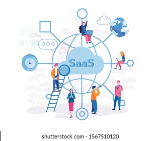 SaaS, Cloud software on computers,  database. Vector illustration for web banner, infographics, mobile. Software as service or on-demand, internet and software.