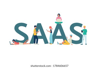 SaaS cloud software service banner template with people characters at backdrop of giant SAAS word, flat vector illustration isolated on white background.