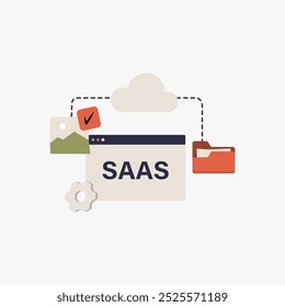SaaS cloud storage concept in flat vector illustration symbolizing software as a service, online storage, and digital cloud solutions, isolated on white background.
