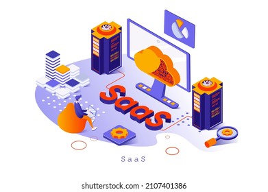 SaaS concept in 3d isometric design. Users subscribe to software and purchasing licenses, using cloud computing and storage platform, web template with people scene. Vector illustration for webpage