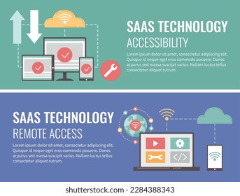 Concepto SAAS caricatura banner horizontal conjunto con software como tecnología de servicio símbolos aislados ilustración vectorial