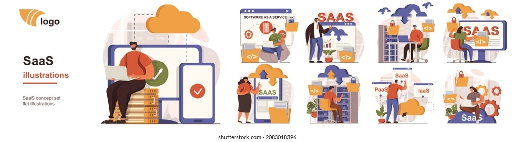 SaaS concept isolated person situations. Collection of scenes with people users use software as a service, subscription, cloud storage and computing. Mega set. Vector illustration in flat design