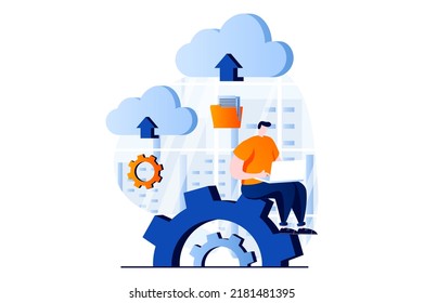 SaaS Konzept mit Menschen-Szene in flachem Cartoon-Design. Man lädt Dateien hoch und rechnet mit Cloud-Technologie, programmiert auf Laptops. Software als Dienstleistung. visuelle Vektorgrafik-Geschichte für Web