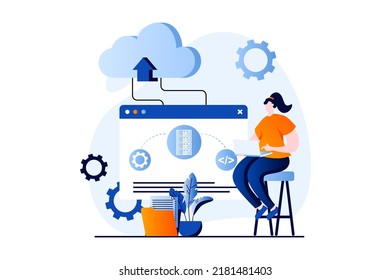 SaaS concept with people scene in flat cartoon design. Woman works on laptop, programming, computing processes using cloud technology. Software as a service. Vector illustration visual story for web