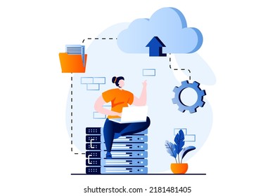 SaaS concept with people scene in flat cartoon design. Woman exchanges files and information and computing using cloud technology. Software as a service. Vector illustration visual story for web