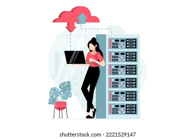 SaaS concept with people scene in flat design. Woman working in server racks room with data files exchange and buying software subscription. Vector illustration with character situation for web