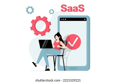 Concepto SaaS con escena de personas en diseño plano. Mujer trabajando con intercambio de archivos, comprando suscripción de software, usando acceso seguro desde dispositivos. Ilustración de vector con situación de caracteres para web
