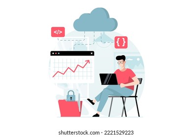 SaaS concept with people scene in flat design. Man uses cloud technologies to exchange data, analyzing data and cloud computing for subscription. Vector illustration with character situation for web