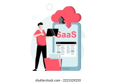 SaaS concept with people scene in flat design. Man uses cloud technologies to exchange data and synchronize files between laptop and mobile phone. Vector illustration with character situation for web